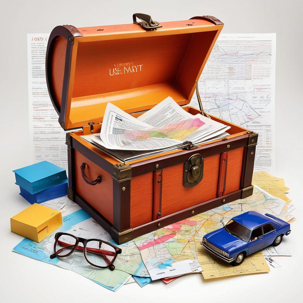 A visually striking collage depicting a treasure chest overflowing with different insurance policy documents, next to a magnifying glass highlighting quotes, and a road map symbolizing the journey to finding the best deals. Include vibrant colors and icons representing home, auto, health, and life insurance. The background should have abstract financial elements, signifying resources. super-realistic. vibrant colors. white background.