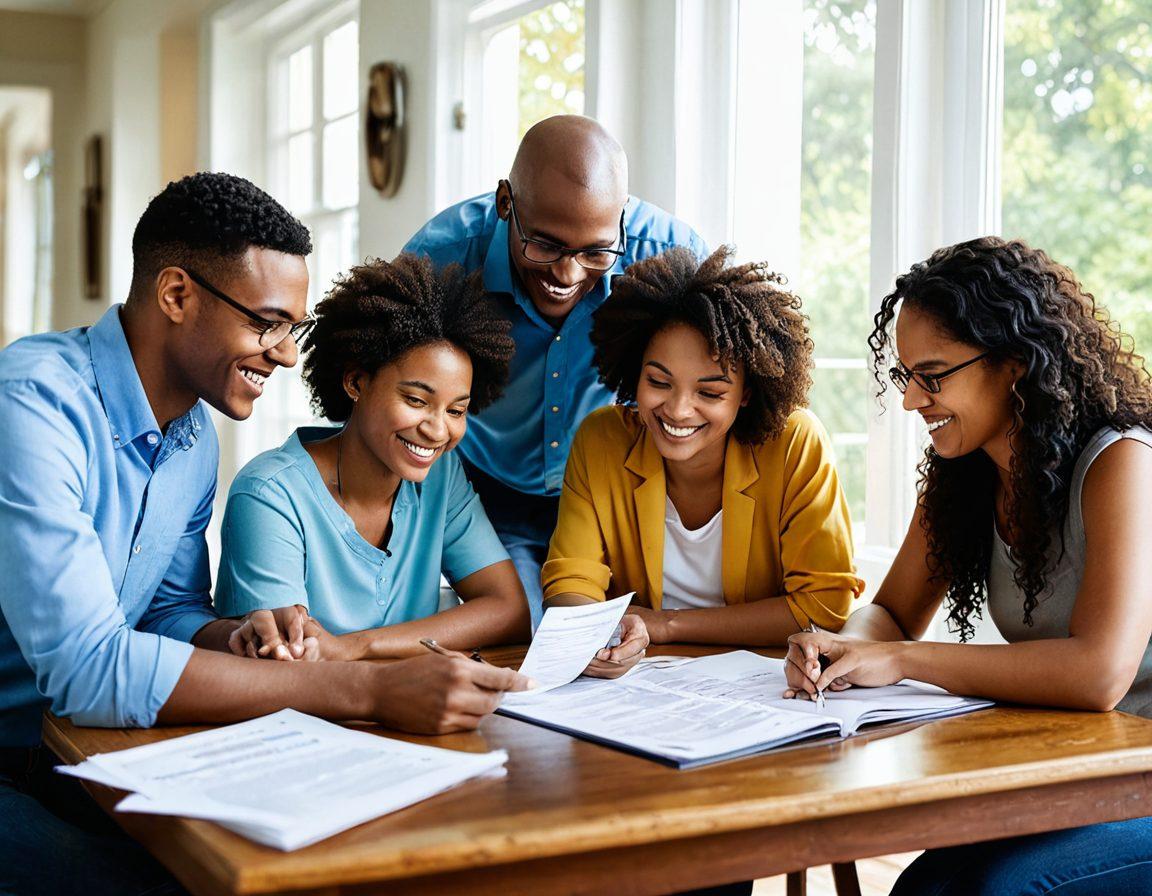 A diverse group of people happily reviewing insurance documents in a cozy, sunlit living room. In the background, a chalkboard displays key terms like 'Affordable' and 'Coverage'. The scene also includes a calculator and a laptop with insurance graphs on the screen, symbolizing financial planning. The atmosphere is warm and inviting, suggesting security and community. vibrant colors. super-realistic. white background.